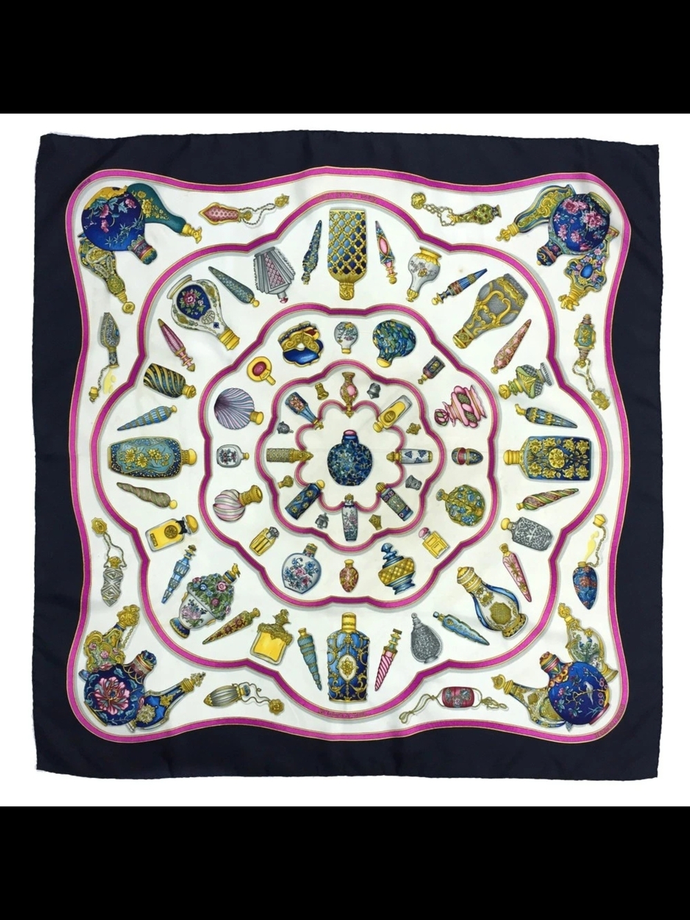 HERMÈS Qu'importe le flacon Silk Scarf 90cm Perfume Bottles Black Pink Vintage - Picture 2 of 9
